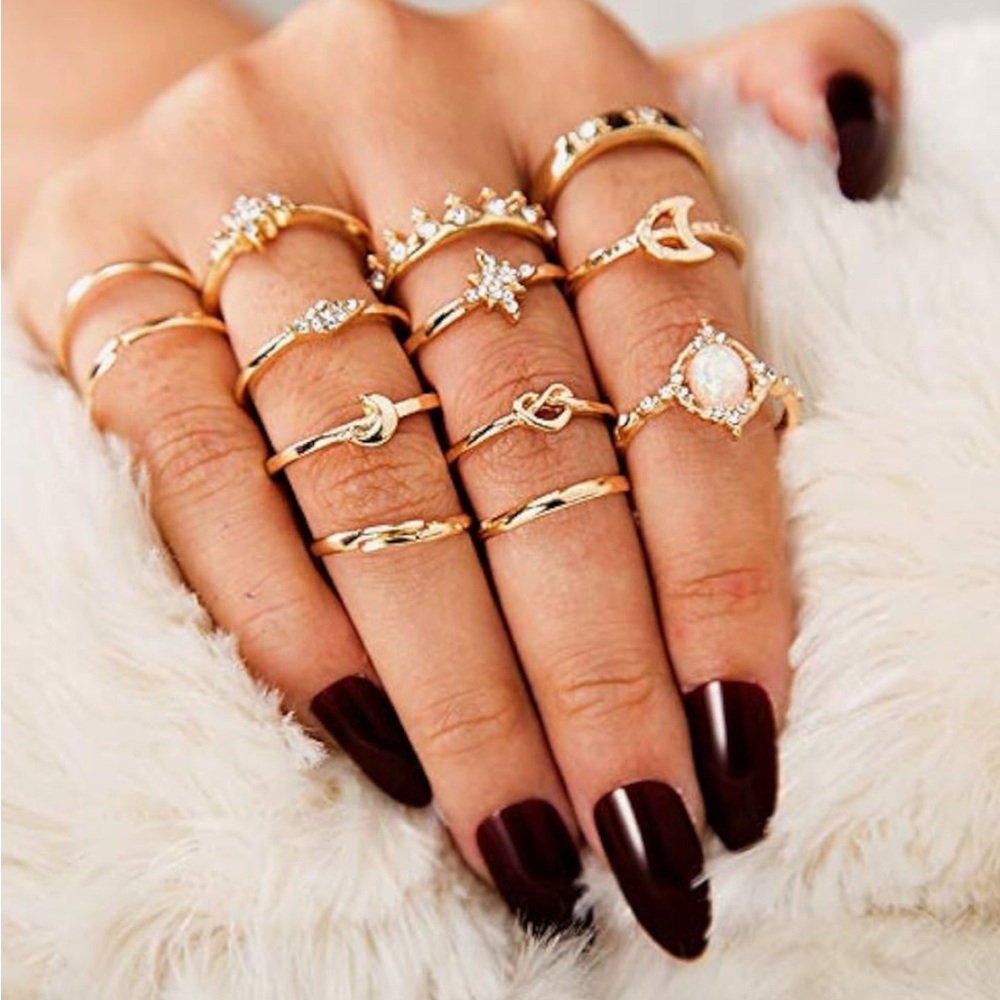 12 Piece Gold Moon Knuckle Ring Set | Celestial Stackable Midi Rings | Jewelry
